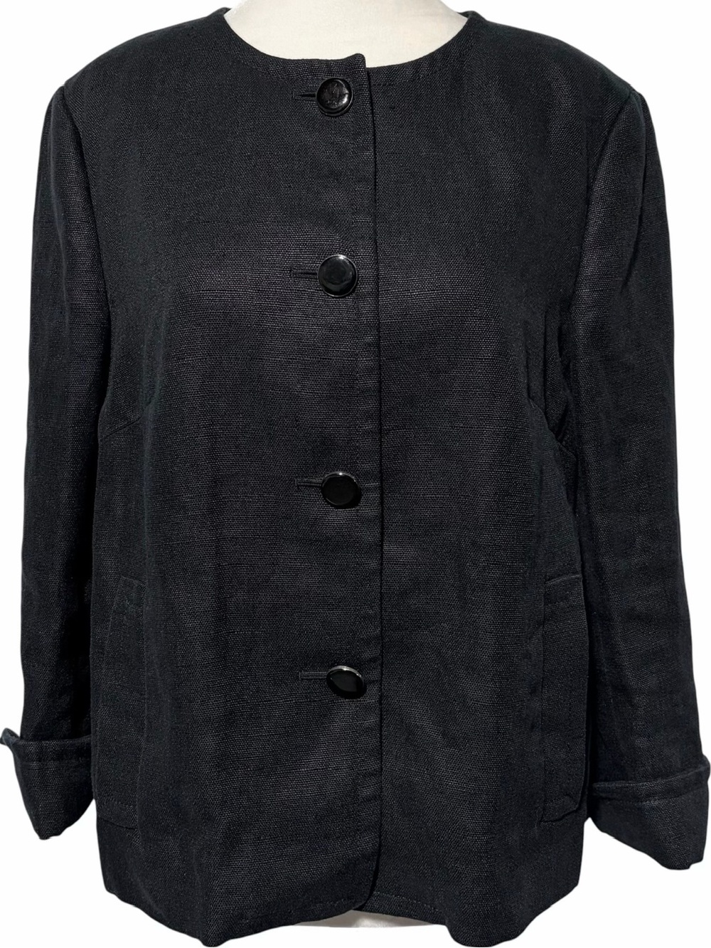 Talbots Petites Black Linen Collarless Button Front Split Cuff Jacket